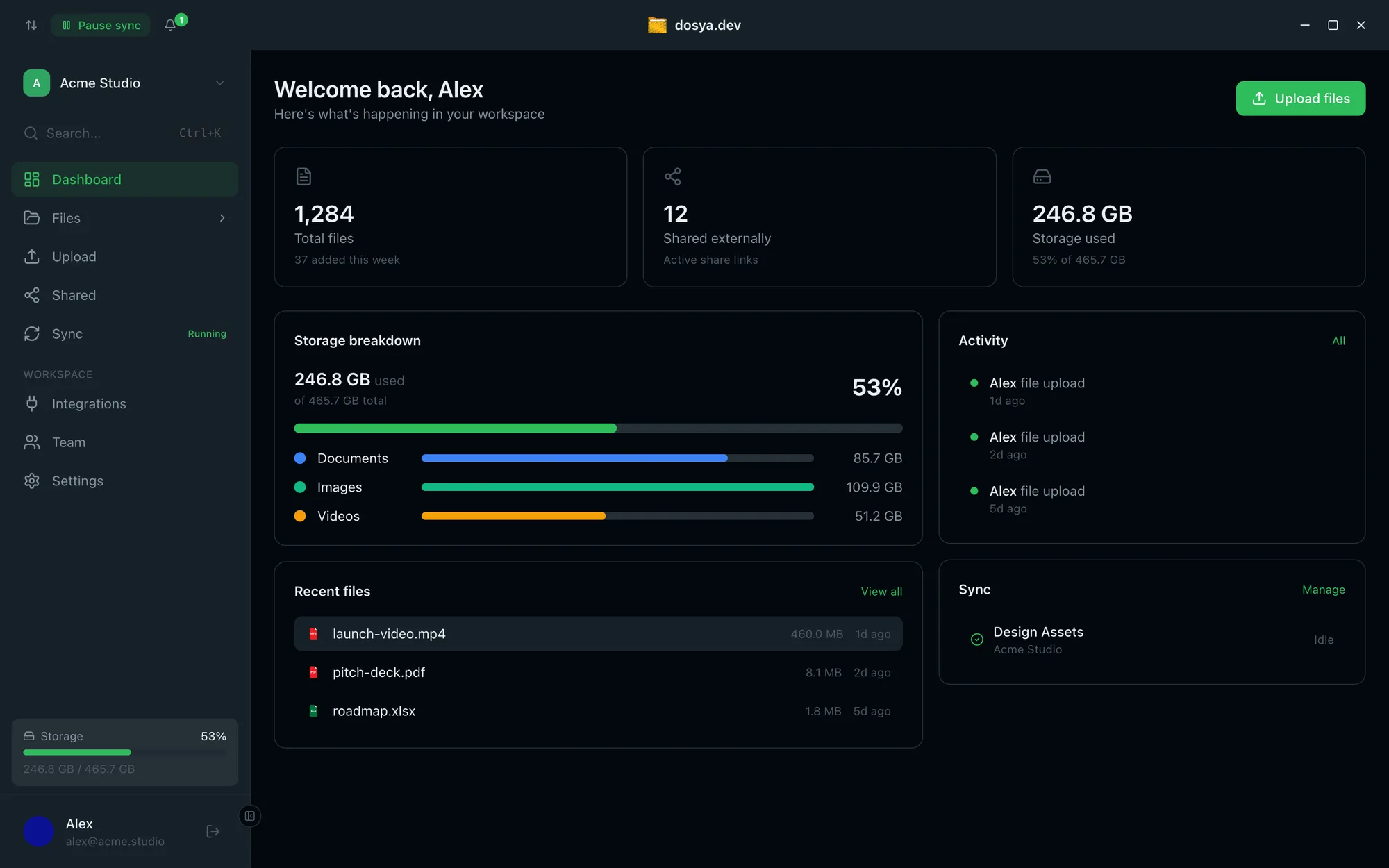 The dosya.dev desktop app dashboard in dark mode: storage breakdown, recent files, activity, and sync status