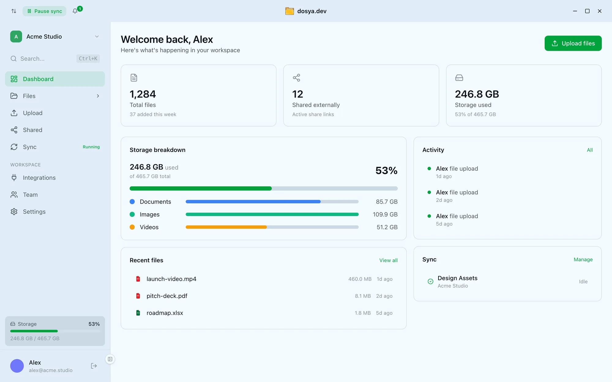 The dosya.dev desktop app dashboard: storage breakdown, recent files, activity, and sync status