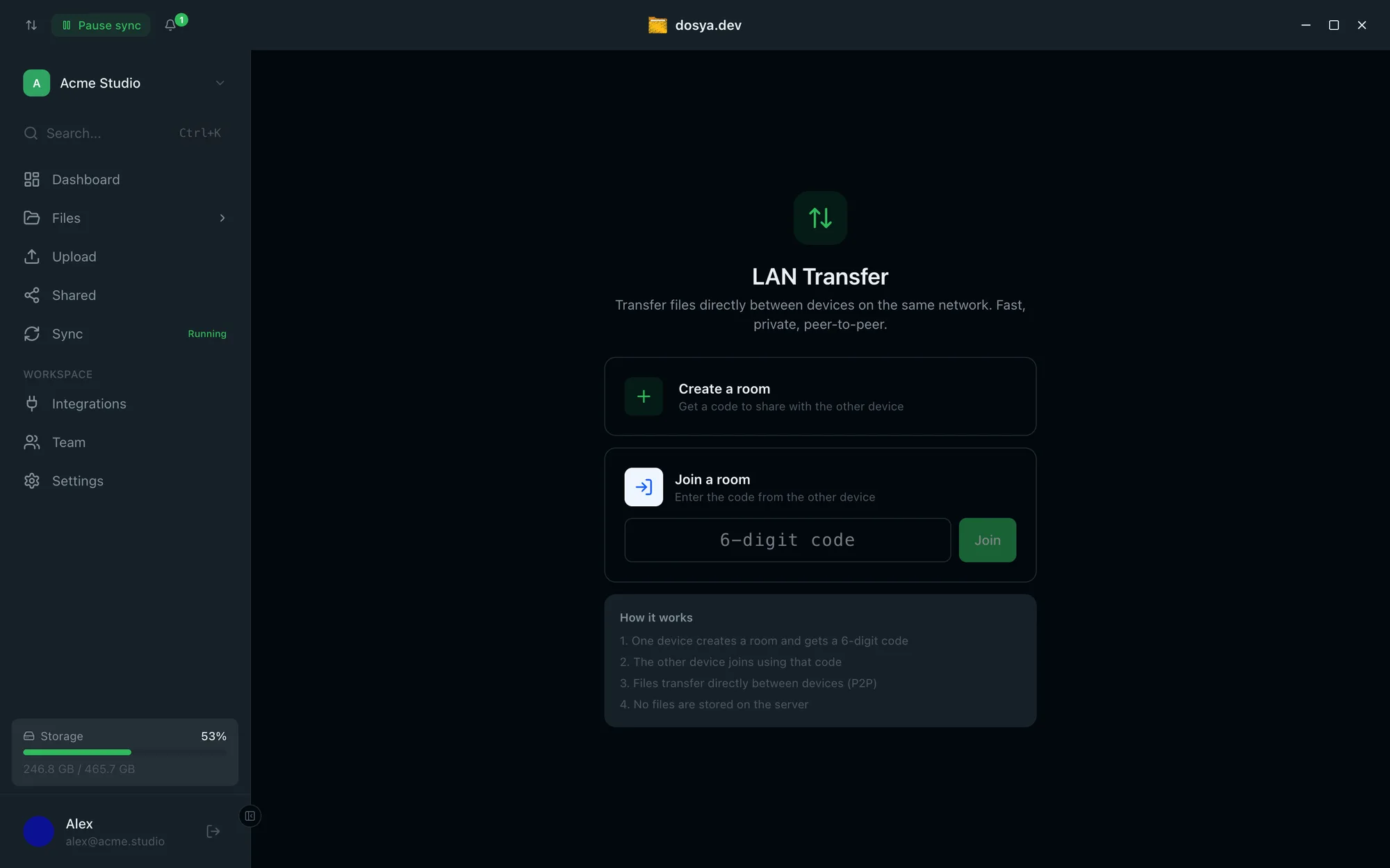 The desktop app's LAN Transfer view in dark mode: create a room or join with a 6-digit code