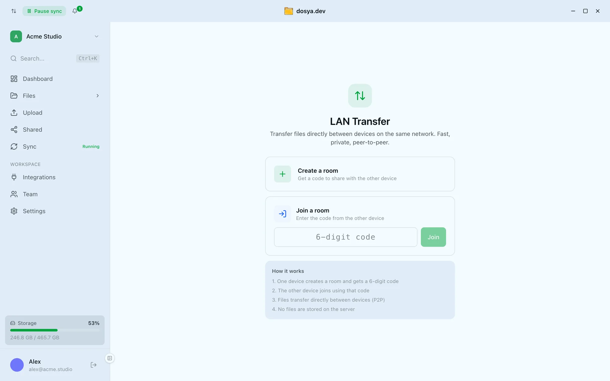 The desktop app's LAN Transfer view: create a room or join with a 6-digit code