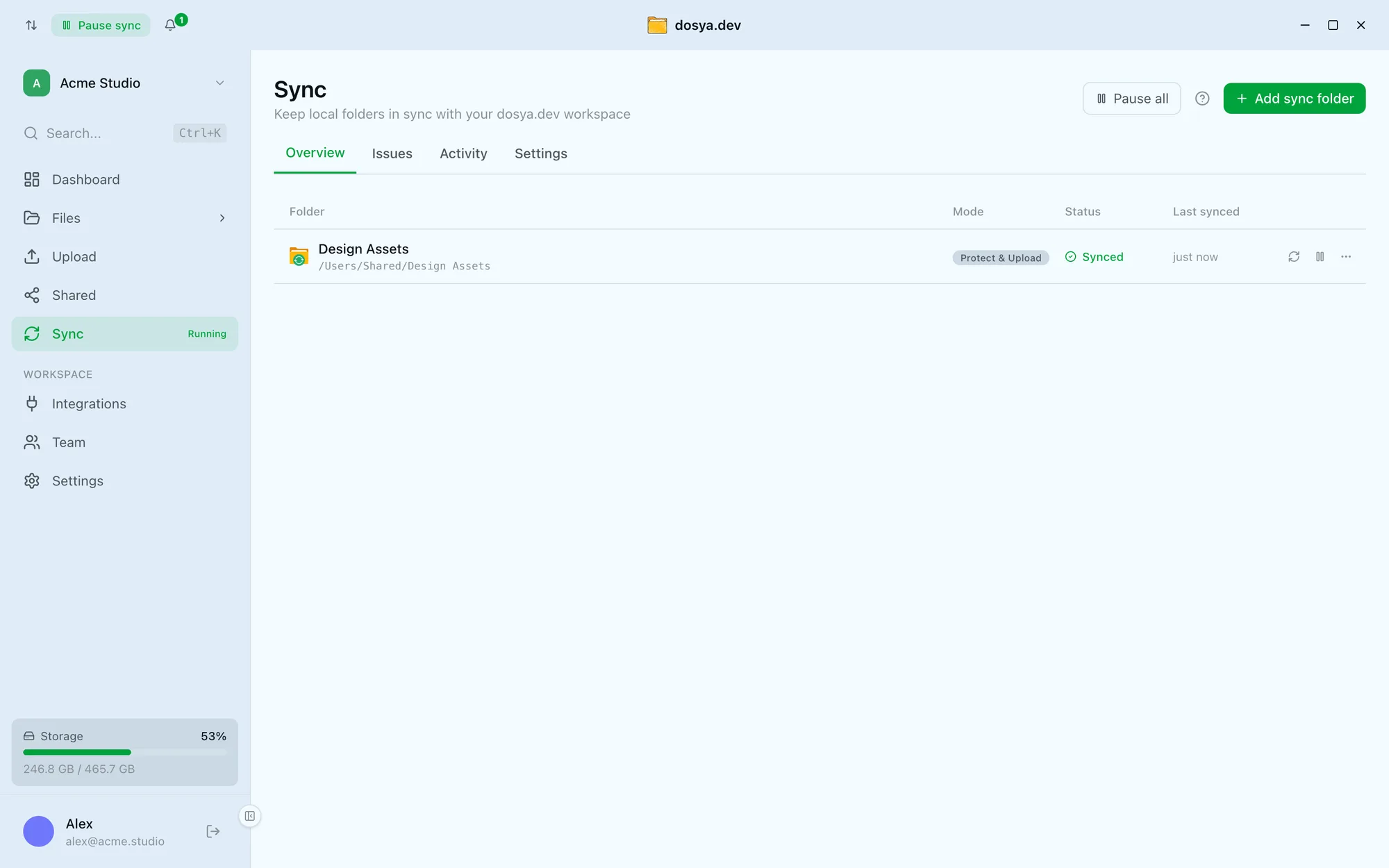 The desktop app's Sync view: a local folder paired to a workspace, mode Protect and Upload, status Synced